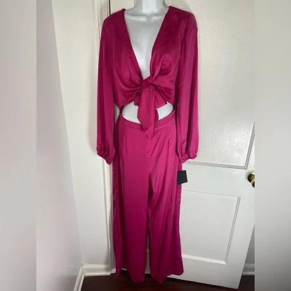 Lulu's NWT Trendsetting Direction Magenta Satin Tie Front Wide Leg Jumpsuit - Picture 5 of 11